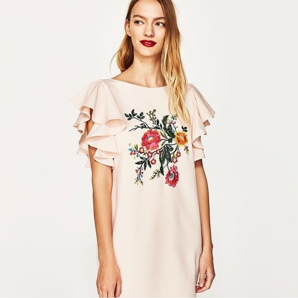 Zara Peach Colour Ruffled Sheath Mini Dress - Picture 3 of 6